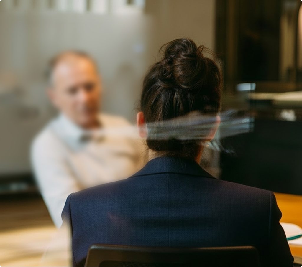 A woman and a man talking in an office setting at a desk.
